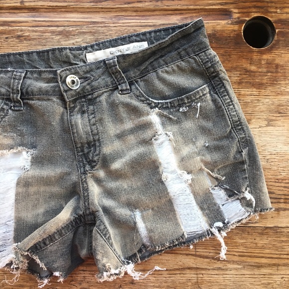 DKNY—Gunsmoke Gray Distressed Bleached Jean Shorts - Picture 3 of 6